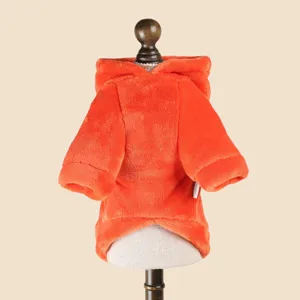 Orange plush pet hoodie for small dogs, cute fleece puppy clothes with hood for autumn daily wear.