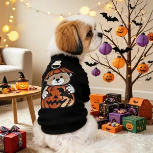 Cute pet Halloween hoodie with sequin pumpkin bear design, comfortable apparel for small dogs.