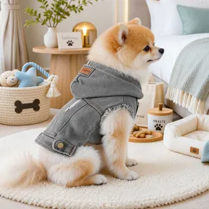 Pet denim hoodie vintage ripped dog clothes cute puppy jacket apparel grey coat pet supplies