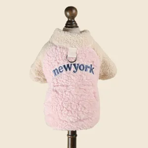 Pink lamb fleece pet dog sweatshirt featuring embroidered newyork text and back D-ring detail.
