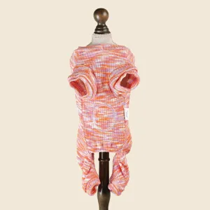 Colorful knitted pet jumpsuit for small dogs, comfortable spring autumn home wear with leash ring.