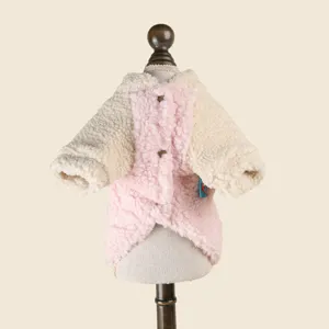 Cute pet fleece hoodie detail shot, pink and beige color block design for small dogs puppy.