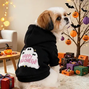 Cute Halloween black dog hoodie pet sweatshirt with ghost embroidery for small puppies clothing