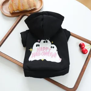 Black Halloween pet hoodie for small dogs with cute ghost embroidery and cozy hood design.
