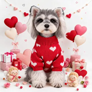 Cute red pet sweater with white hearts, warm knit dog clothes for small puppies Valentine style.