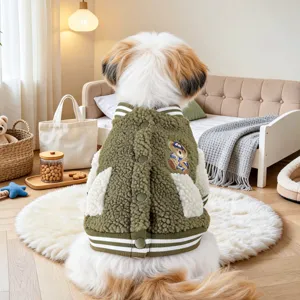 Cozy pet sherpa baseball jacket detail, warm fleece dog coat with cute bear patch for small dogs.