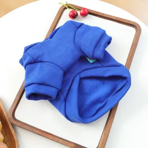 Blue pet sweatshirt detail, soft fabric, rib knit collar and cuffs for small dogs.