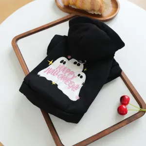 Cute pet dog Halloween hoodie black sweatshirt with ghost embroidery for small puppies pets.