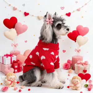 Cute red dog sweater with white hearts for small dogs and puppies. Perfect for Valentine's Day.