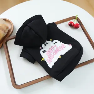 Pet Halloween black hoodie with ghost embroidery, cute puppy and dog costume detail view.