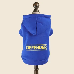 Blue pet hoodie for small dogs, featuring a cozy hood and yellow text print on the back view.