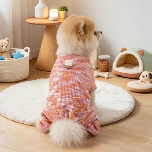 Cozy knit dog pajamas for small dogs, cute colorful pet jumpsuit with leash ring.