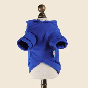 Blue pet dog hoodie detail view, comfortable fleece dog clothes for small puppies daily wear.