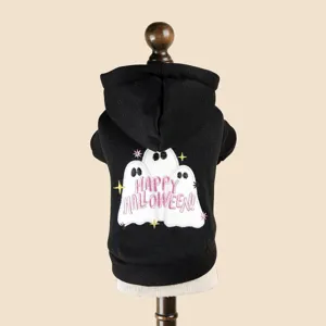 Cute black pet dog hoodie with Halloween ghost embroidery, perfect festive apparel for small puppies.