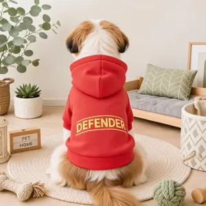 Red dog hoodie with letter print, cozy apparel for small puppies, spring autumn pet clothing.