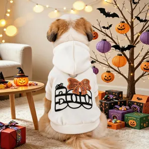 Cute dog Halloween hoodie with BOO letter and bow design, cozy pet apparel for small puppies.