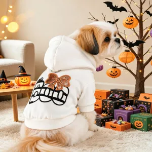 Cute pet Halloween hoodie for small dogs, white hooded sweatshirt with festive back embroidery.