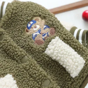 Green pet fleece baseball jacket with cute bear embroidery for small dogs warm and cozy.
