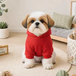 Red pet hoodie for small dogs puppy, comfortable fleece apparel indoor scene detail view.
