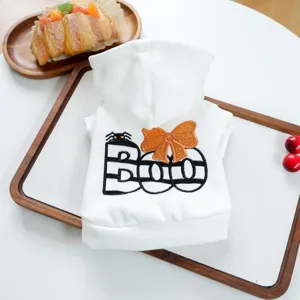 Cute Halloween pet hoodie for small dogs, white pullover with adorable embroidery and hood.
