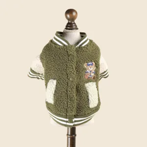 Pet dog fleece baseball jacket for small dogs warm puppy winter coat green stylish outfit