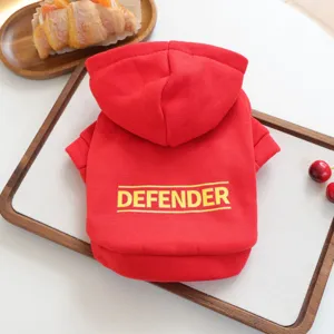 Red pet hoodie for small dogs, stylish letter print back design, comfortable spring wear.