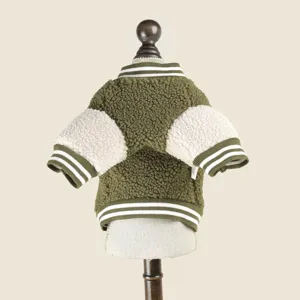 Pet dog sherpa fleece baseball jacket detail view, warm winter puppy coat with striped ribbed trim.