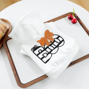 Cute white pet hoodie for small dogs, Halloween theme with BOO embroidery and sparkly bow.