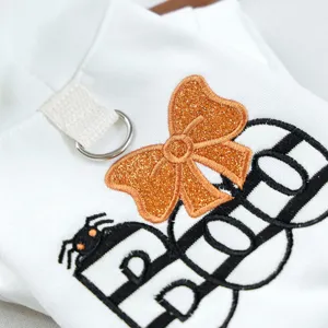Close-up detail of pet Halloween hoodie featuring cute orange bow, spider and BOO embroidery.