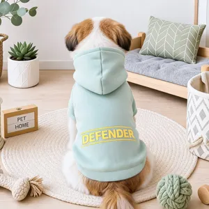 Cute mint green dog hoodie with yellow letter print for small puppies indoor wear