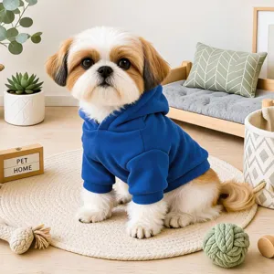 Dettaglio felpa blu per animali domestici indossata da un cucciolo in una stanza calda.