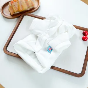 Detailed shot of white pet sweatshirt folded nicely on a tray with sweet pastry and cherries.
