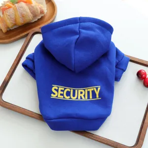 Felpa blu per cani di piccola taglia cuccioli dettaglio, stampa security simpatica e comoda.