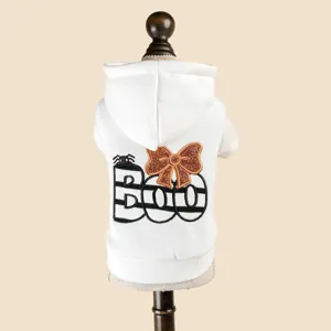 Cute Halloween pet hoodie for small dogs, featuring embroidered BOO letters and glitter bow detail.