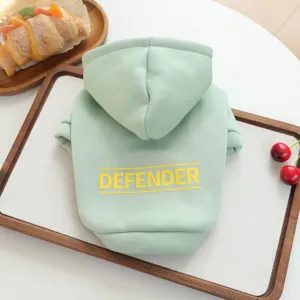 Mint green pet hoodie for small dogs cats with yellow defender letter print casual fall apparel