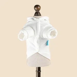 Detailed view of the white pet dog hoodie, cozy hooded sweater for small puppies.