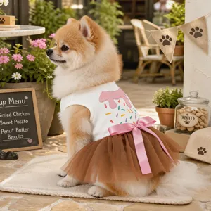 Süßes Hunde-Kleid mit braunem Tütü-Rock und süßem Streusel-Design für schöne Frühlings-Tage.
