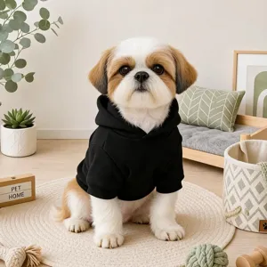 Detailed view of a cute puppy wearing a solid black dog hoodie in a cozy indoor setting.