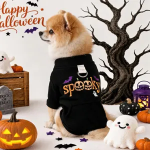 Cute Halloween pet hoodie for small dogs, comfortable black pullover with spooky pumpkin embroidery.