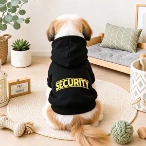 Simpatica felpa nera per cani di taglia piccola con stampa Security, vista dettagliata.
