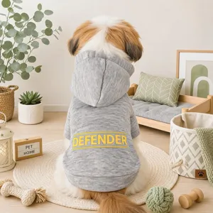 Gray pet hoodie for small dogs, featuring a hooded design and yellow letter print on back.