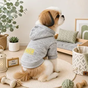 Detailed shot of cute grey pet hoodie for small dogs, soft fabric with back letter print design.