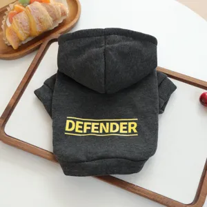 Dark grey pet hoodie detail view, featuring yellow letter print and cute hooded design.