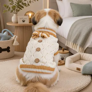 Dog knitted sweater for small dogs, breathable hollow design with buttons and bow for daily wear.