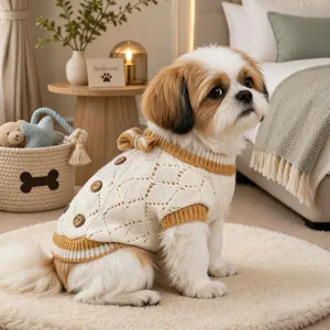 Puppy knit sweater detail view, hollow design with cute bow, comfortable daily wear.