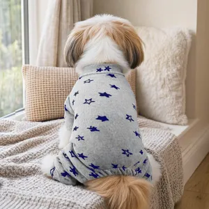Cute grey pet jumpsuit for small dogs, featuring blue stars print, cozy home wear detail.