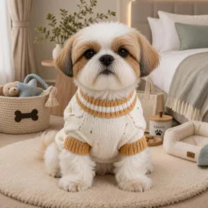 Cozy knit dog sweater detail, soft cable-knit fabric with warm high collar, stylish pet clothing.