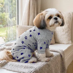 Detailed view grey star pet dog jumpsuit cute puppy clothes home wear small dogs.