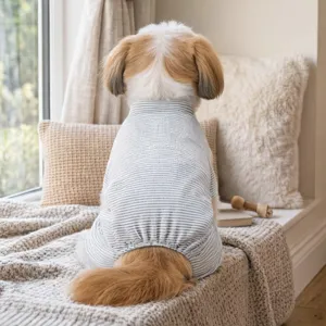 Cute small dog striped onesie detail view, soft and comfortable puppy home wear spring autumn.