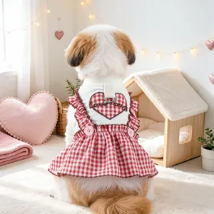 Cute red white gingham pet dress with harness ring and sweet heart embroidery for dogs.